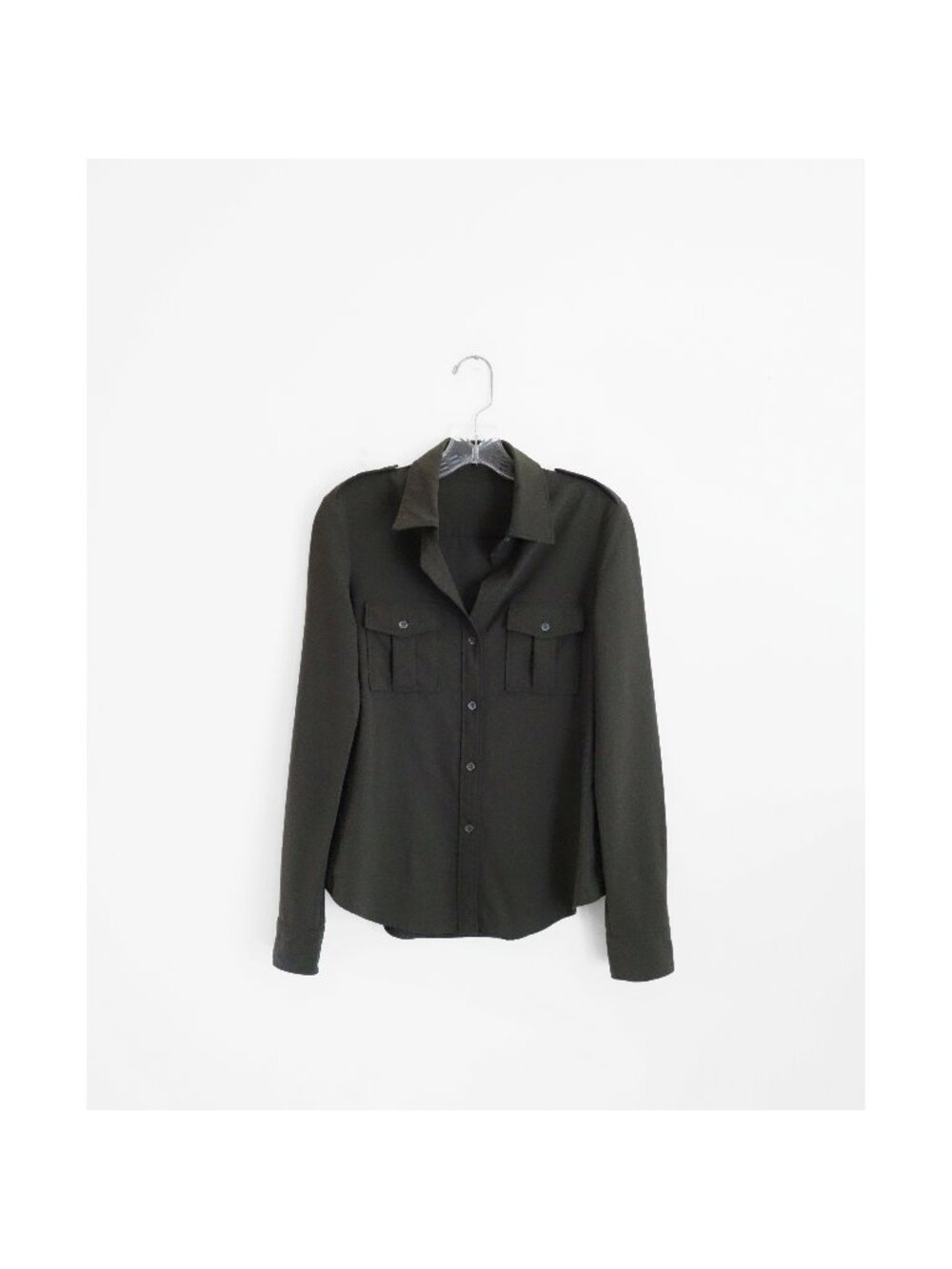 Vtg Y2K Theory Dark Olive Green Wool Long Sleeve Button Down Shirt sz Small